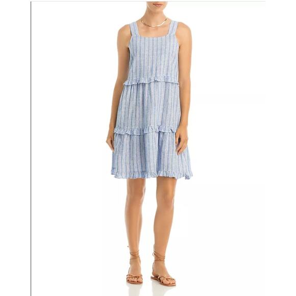 NWT Millibon Sleeveless Linen Tiered Dress Natural Stripe Dress L - Picture 1 of 6